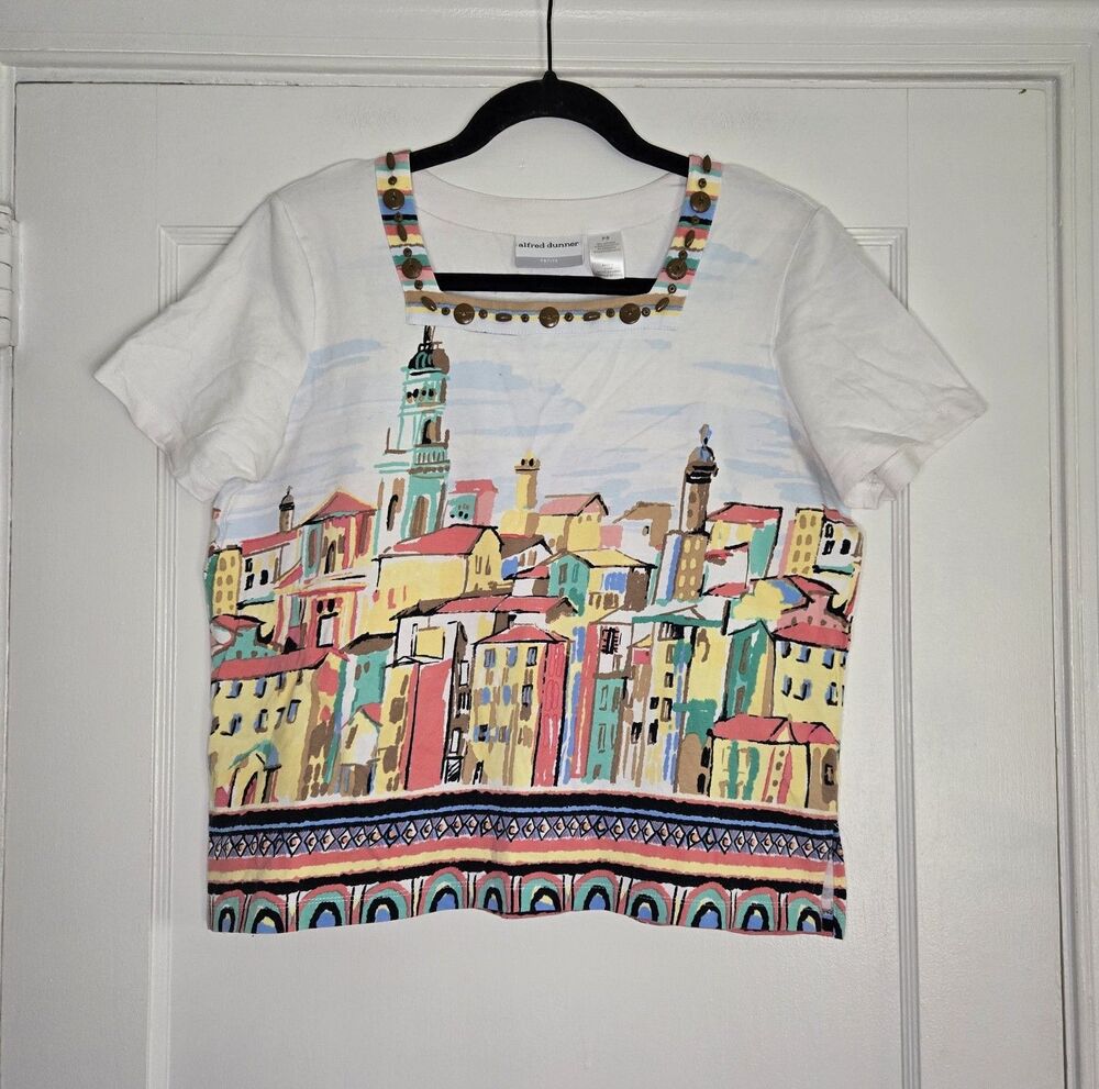 Alfred Dunner Petite Top PS Cityscape Print Square Neck Womens